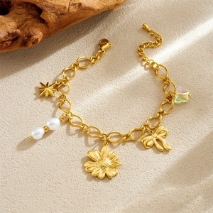 Bracelet chaîne en acier inoxydable doré avec charms tournesol et perles élégant