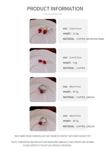 Detailed size and material guide for strawberry pearl earrings and rings in copper and zircon