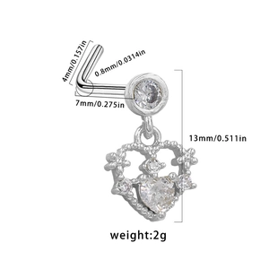 Clou de nez en L argenté avec pendentif cœur ajouré en zircon et dimensions