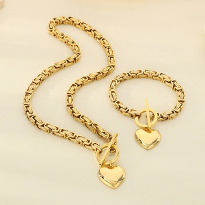 18K gold plated Byzantine chain necklace and bracelet set with heart pendants and T-bars
