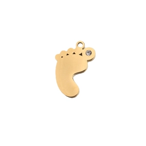 Polished gold stainless steel baby feet pendant with sparkling rhinestone detail