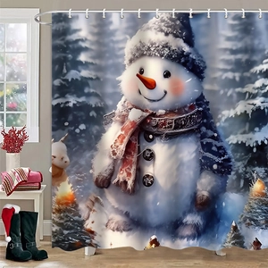 Detailed view of snowman Christmas shower curtain with metal grommets and white hooks