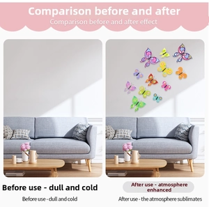 Before and after comparison of colorful 3D butterfly wall stickers in a modern living room