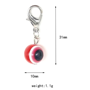 Detail view of 31mm Evil Eye resin charm with silver lobster clasp showing dimensions