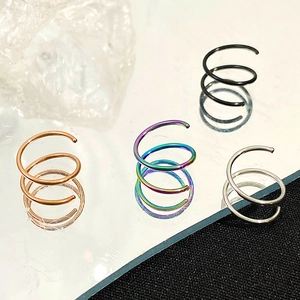 Double-layered spiral stainless steel nose rings in rose gold, rainbow, black, and silver