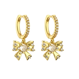 Elegant gold hoop earrings with bow and heart pendants pavé-set with pink zircons