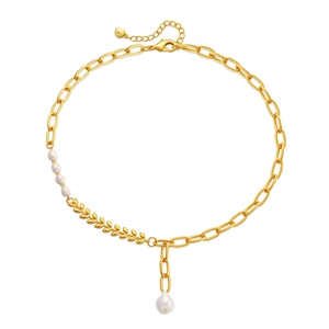 Golden 18K gold-plated wheat motif necklace with white pearls and a drop pendant
