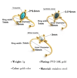 Detailed view of three 18K gold plated stainless steel rings set with natural turquoise stones