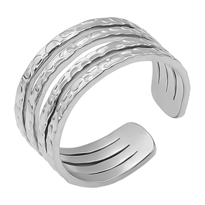 Detailed view of silver layered open ring with vintage hammered metal texture design
