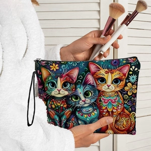 Artistic Cat Print Makeup Bag Fine Linen Cosmetic Pouch With Wrist Strap Durable Travel Toiletry Case For Women