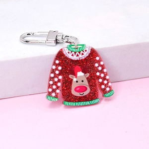 Festive red glitter acrylic Christmas sweater keychain with cute reindeer and silver clasp
