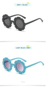 Detail show of kids sunflower sunglasses in matte grey and light blue floral frames