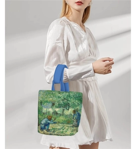 Artistic tote bag featuring Van Gogh's First Steps painting with bright blue handles