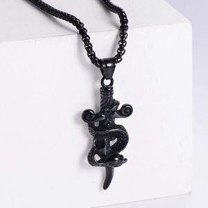 Gothic black stainless steel dagger pendant necklace with snake wrap and bead chain detail