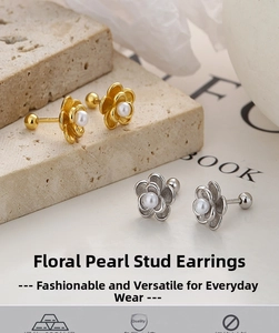 Detailed view of S925 sterling silver flower pearl earrings with gold and silver finishes
