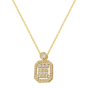 Luxurious gold necklace with rectangle geometric pendant paved with white zircon stones