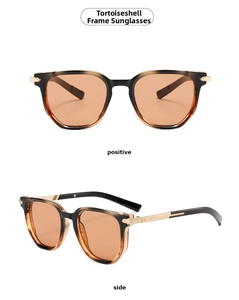 Detail view of tortoiseshell frame sunglasses with tea lenses and gold metal accents