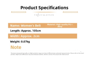 Detailed size chart for women PU leather belt with dimensions 105cm length and 2cm width