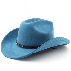 Detail of sky blue suede western cowboy hat with turquoise studded leather band decoration