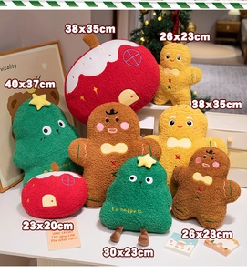 Close-up of Christmas plush pillows in tree and gingerbread shapes with soft texture