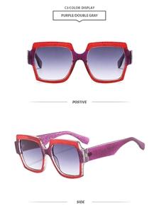 Detailed views of purple glitter square sunglasses with gradient gray lenses from two angles