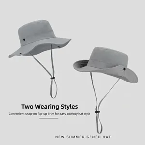 Grey quick-dry sun hat with wide brim and adjustable chin strap for hiking and outdoor use