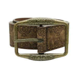 Vintage embossed dark brown leather belt with carved brass buckle in retro Y2K ethnic style