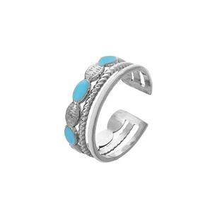 Close-up of a silver adjustable ring with triple layered bands and blue oval resin stone