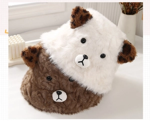 Detailed plush texture of white and brown winter bucket hats with cute bear ears and leopard accents