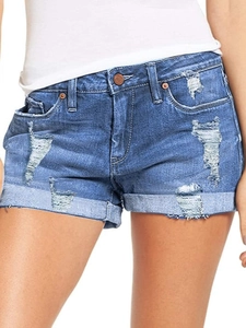 Pantalones Cortos De Mezclilla Rasgados Cintura Alta Mujer Denim De Algodón Elástico Hot Pants Dobladillo Enrollado Verano