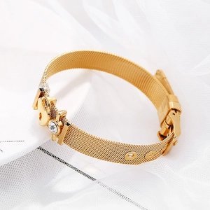 Minimalist gold stainless steel mesh bracelet with heart lock charm and crystal pendant