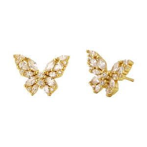 Elegant gold butterfly stud earrings with sparkling cubic zirconia on white background