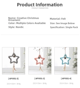 Detail of star-shaped felt ornaments with feathers and beads in various colors