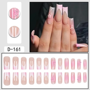 Pink French ombre press-on nails D-161 with 3D resin flowers and small rhinestones