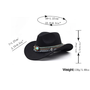 Ethnic wool western cowboy hat with turquoise bead ribbon and size dimensions