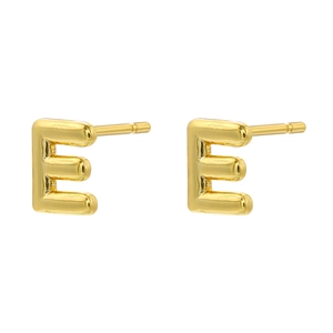Detail view of 18K gold plated letter E stud earrings with a glossy metallic finish