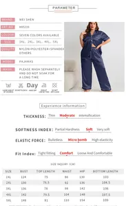 Detailed size chart and washing guide for plus size silk satin pajama set in navy blue