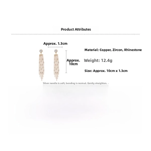 Detail view of long tassel earrings with dimensions and copper zircon material specs