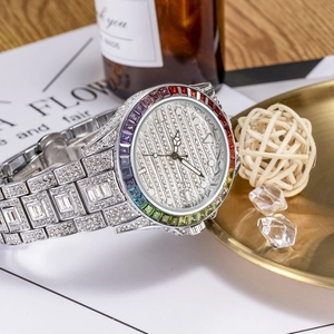 Luxury silver-tone quartz watch featuring a full diamond pavé dial and rainbow gem bezel