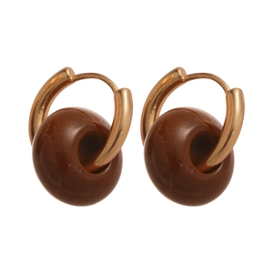 Retro tiger eye stone beaded geometric hoop earrings with polished gold finish