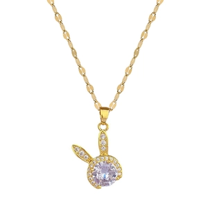 Luxury titanium steel bunny necklace with round purple gemstone and sparkling crystals