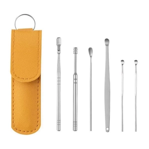 Set per la pulizia delle orecchie da 6 pezzi in acciaio inox con custodia in pelle gialla