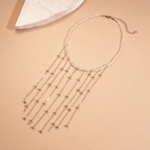 Elegant long fringe necklace featuring glass crystal beads and silver chain tassels
