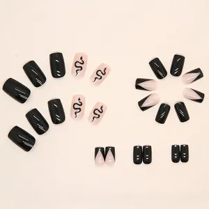 French black snake pattern press-on nails set with glossy square and pointed shapes