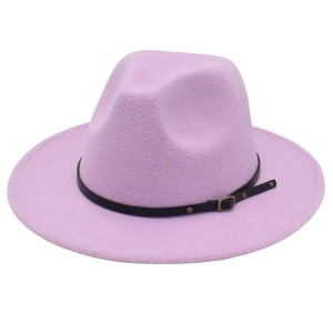 Detail of lavender wool fedora hat with black faux leather belt and gold metal buckle