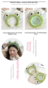 Detailed view of plush green frog headbands with dimensions and weight specifications