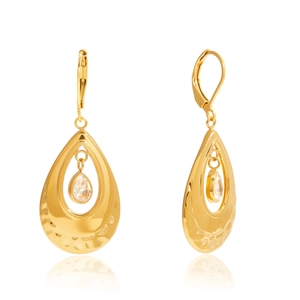 Classic gold teardrop earrings with hammered texture and pear-shaped zircon stones