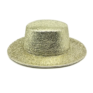 Macro shot of shimmering gold sequin finish on a classic flat top boater party hat