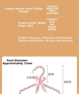 Detailed size specifications for pink pearl clothes hanger with silk bow and metal hook