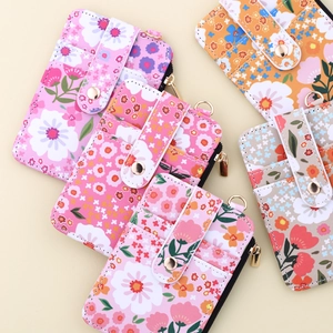 Floral print PU leather card holder wallet with multiple slots and gold zipper closure